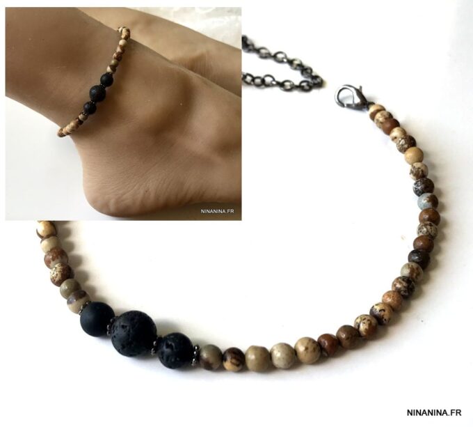 N6408j Bracelet de cheville homme ethnique pierre naturelle et pierre de lave - Bijoux Bracelets en ligne Ninanina