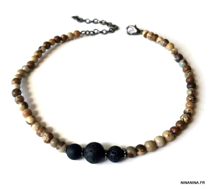 N6408l Bracelet de cheville homme ethnique pierre naturelle et pierre de lave - Bijoux Bracelets en ligne Ninanina