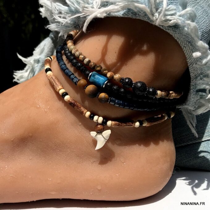 N6408S Bracelet de cheville homme ethnique pierre naturelle et pierre de lave - Bijoux Bracelets en ligne Ninanina