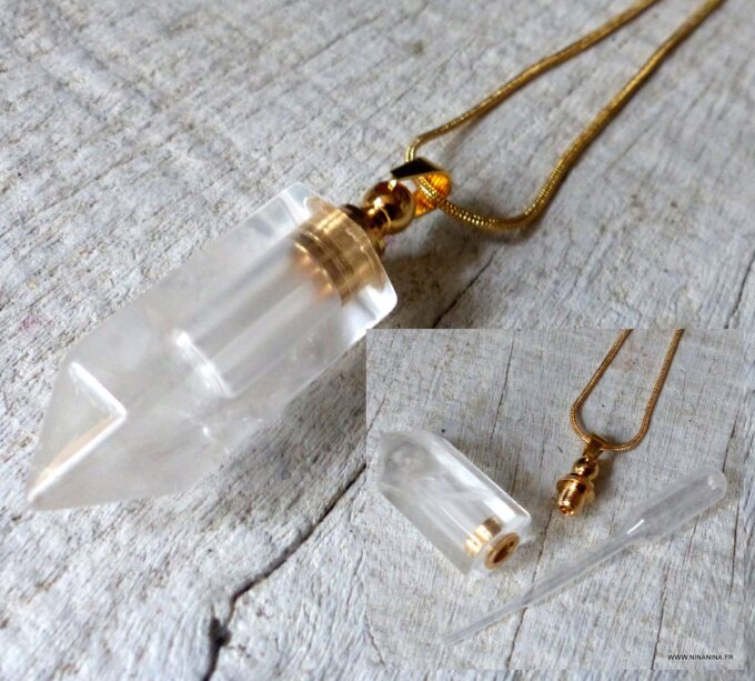 N6412aa Collier femme plaqué or pendentif mini flacon de parfum en cristal de roche véritable - Bijoux colliers en ligne Ninanina