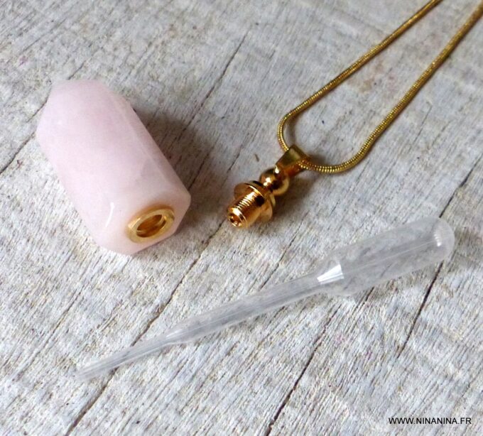N6413c Collier femme plaqué or pendentif mini flacon de parfum en quartz rose - Bijoux colliers en ligne Ninanina