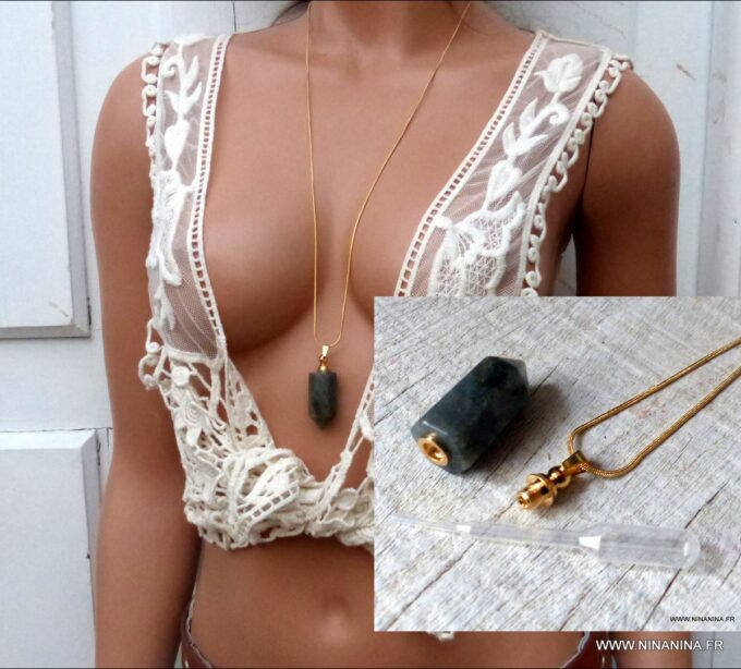 N6414d Collier femme plaqué or pendentif mini flacon de parfum en labradorite grise - Bijoux colliers en ligne Ninanina
