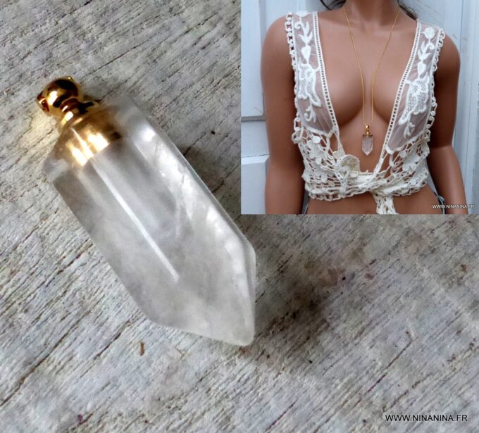 N6416c pendentif mini flacon de parfum en cristal de roche et plaqué or - Bijoux Pendentifs en ligne Ninanina