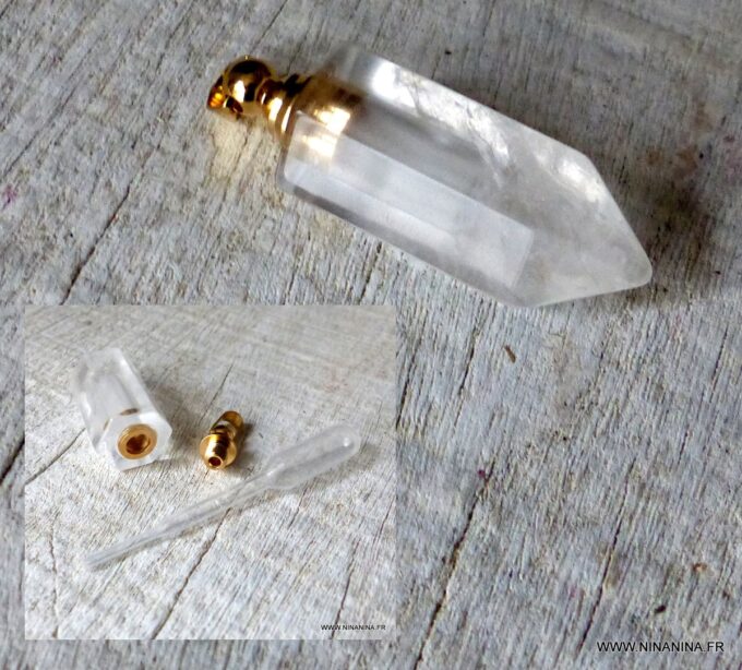 N6416d pendentif mini flacon de parfum en cristal de roche et plaqué or - Bijoux Pendentifs en ligne Ninanina