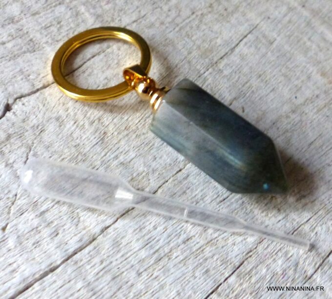 N6422c Porte clé femme pendentif mini flacon de parfum en labradorite grise et plaqué or - Bijoux Porte clés en ligne Ninanina