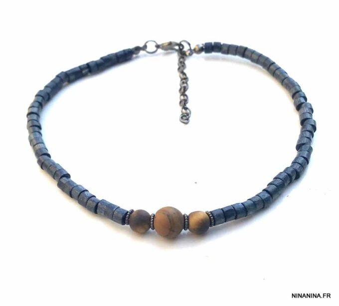 N6440 Bracelet cheville perles bois et oeil de tigre homme femme - Bijoux de pied en ligne Ninanina