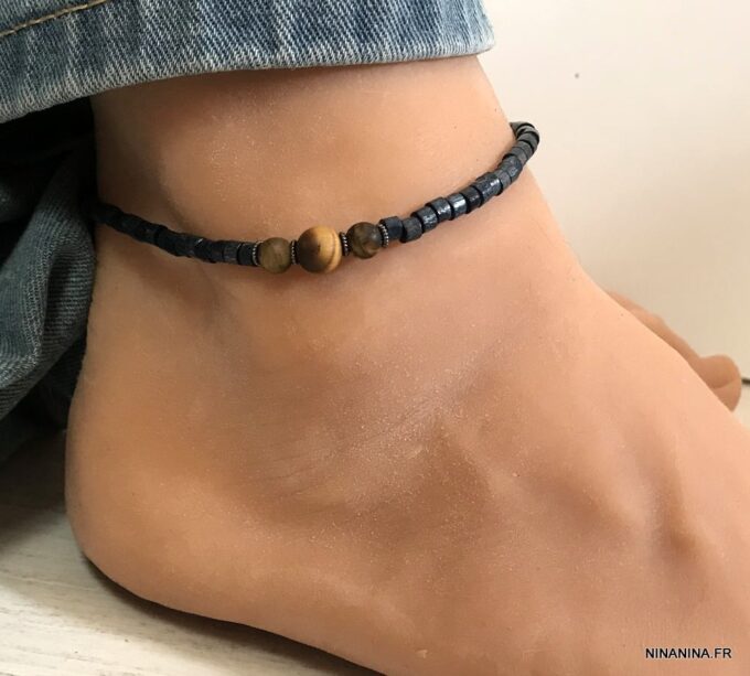 N6440a Bracelet cheville perles bois et oeil de tigre homme - Bijoux de pied en ligne Ninanina