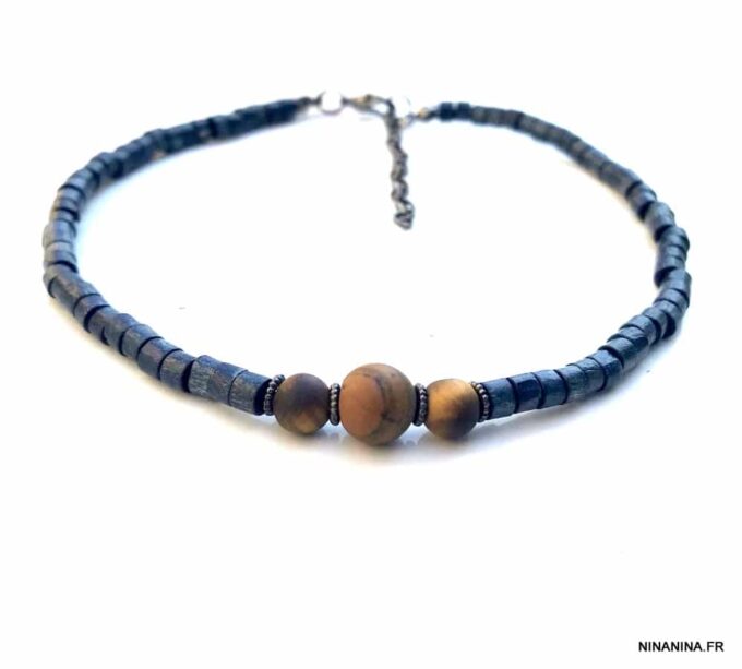 N6440a Bracelet cheville perles bois et oeil de tigre homme femme - Bijoux de pied en ligne Ninanina