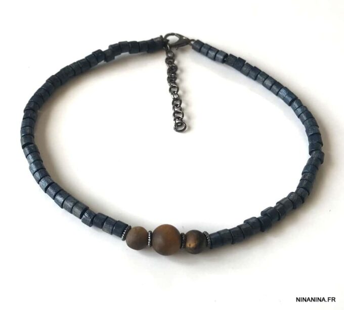 N6440b Bracelet cheville perles bois et oeil de tigre homme - Bijoux de pied en ligne Ninanina