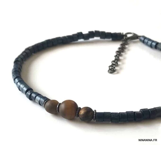 N6440f Bracelet cheville perles bois et oeil de tigre homme - Bijoux de pied en ligne Ninanina
