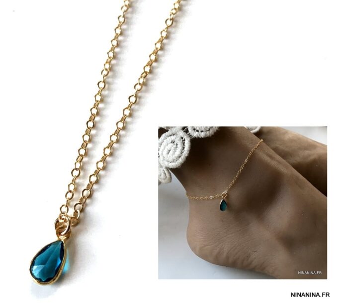 N6468a Chaine cheville plaqué or pendentif topaze bleue femme - Bijoux de pieds en ligne Ninanina