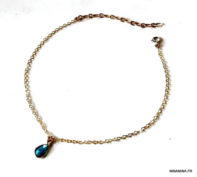 N6468c Chaine cheville plaqué or pendentif topaze bleue femme - Bijoux de pieds en ligne Ninanina