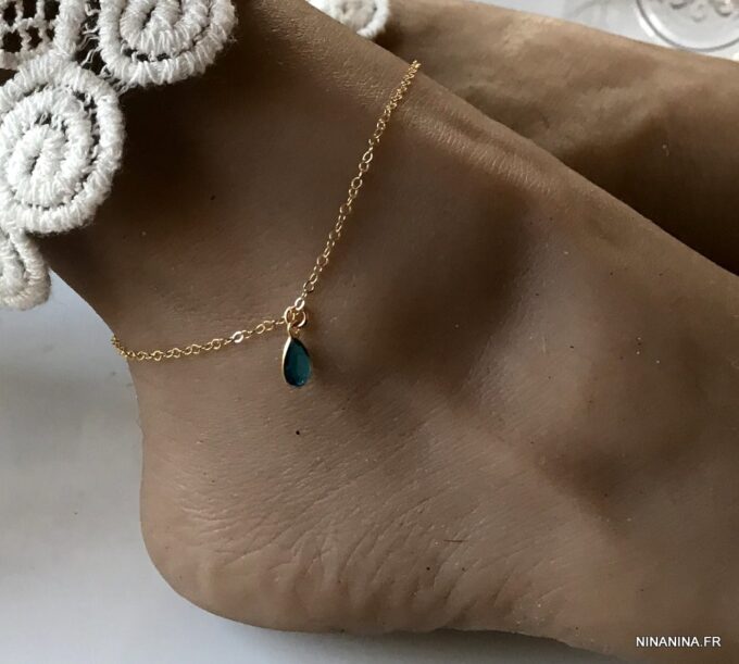 N6468d Chaine cheville plaqué or pendentif topaze bleue femme - Bijoux de pieds en ligne Ninanina