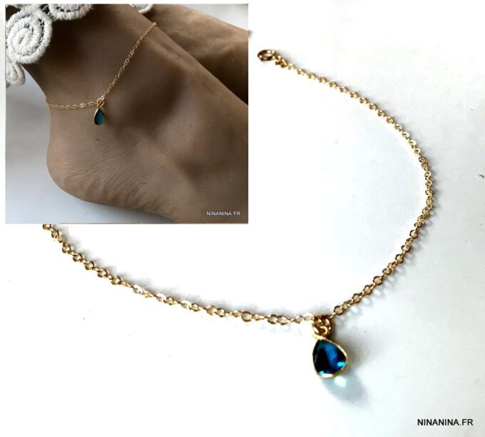 N6468e Chaine cheville plaqué or pendentif topaze bleue femme - Bijoux de pieds en ligne Ninanina