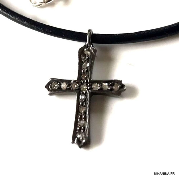 N6508a Ras de cou diamant pendentif croix diamants argent noir - Bijoux Colliers en ligne Ninanina