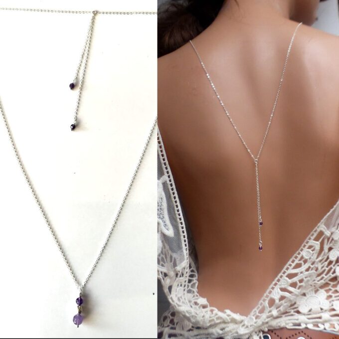 N6518 collier de dos mariage argent et pierres violettes en améthyste naturelle - Bijoux Colliers Femme en ligne Ninanina