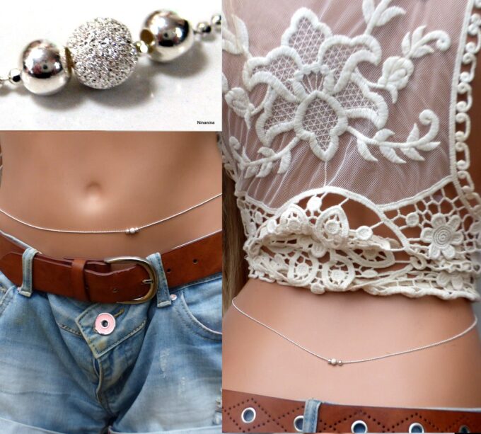 N6525 chaine de taille perles diamantées et lisses argent 925 - Bijoux chaines en ligne Ninanina