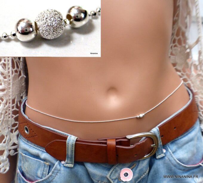 N6525a chaine de taille perles diamantées et lisses argent 925 - Bijoux chaines en ligne Ninanina