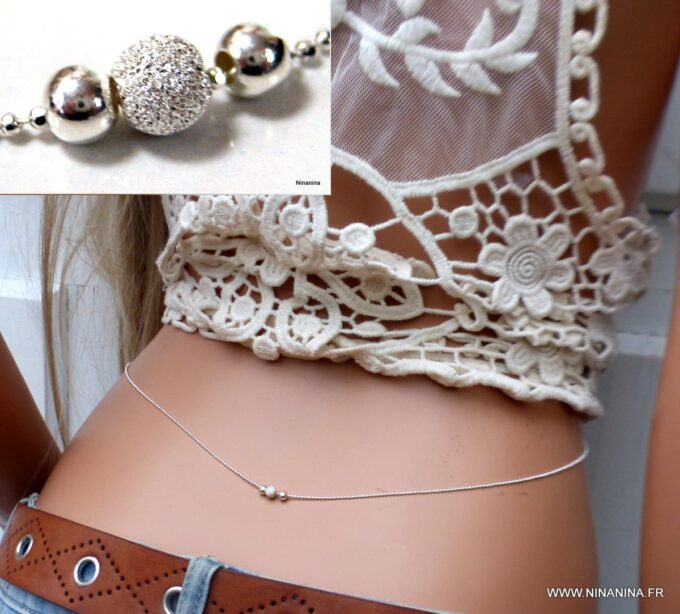 N6525c chaine de taille perles diamantées et lisses argent 925 - Bijoux chaines en ligne Ninanina