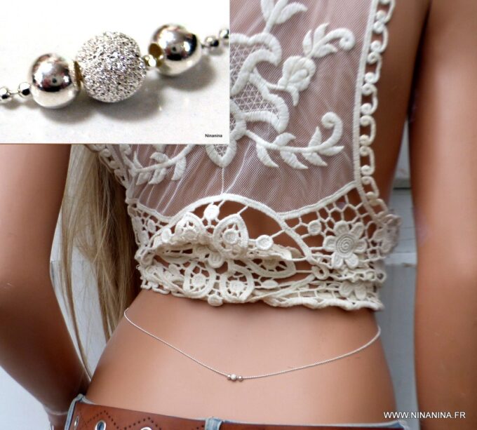 N6525d chaine de taille perles diamantées et lisses argent 925 - Bijoux chaines en ligne Ninanina