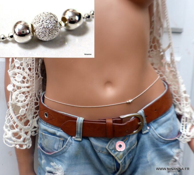 N6525e chaine de taille perles diamantées et lisses argent 925 - Bijoux chaines en ligne Ninanina