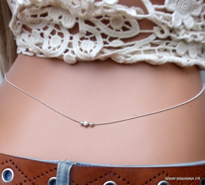 N6525g chaine de taille perles diamantées et lisses argent 925 - Bijoux chaines en ligne Ninanina