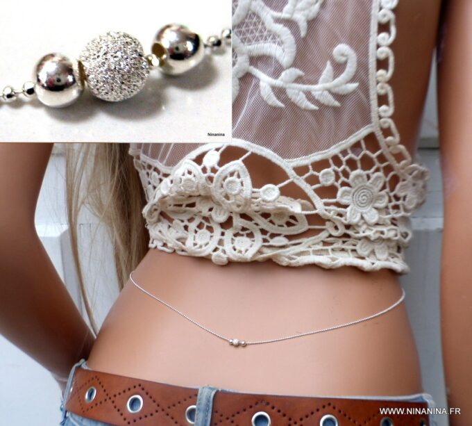 N6525h chaine de taille perles diamantées et lisses argent 925 - Bijoux chaines en ligne Ninanina