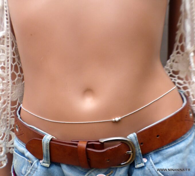 N6525j chaine de taille perles diamantées et lisses argent 925 - Bijoux chaines en ligne Ninanina