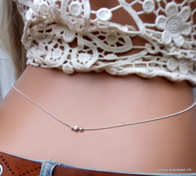 N6525l chaine de taille perles diamantées et lisses argent 925 - Bijoux chaines en ligne Ninanina