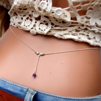 Collier 5 perles Améthyste 8 mm. Chaine en acier inoxydable Collier femmes, hom