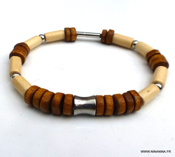 N6531 Bracelet homme ethnique perles bois et Acier inoxydable - Bijoux Bracelets en ligne Ninanina