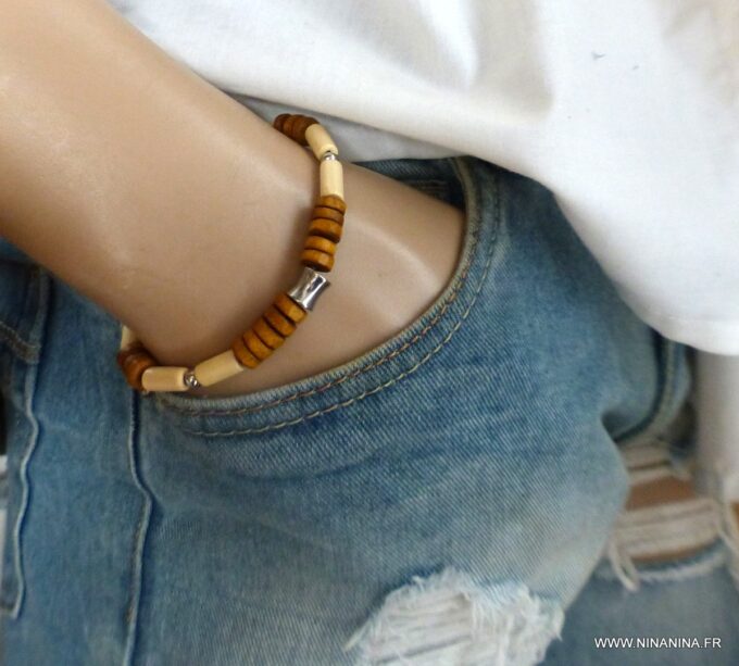 N6531c Bracelet homme ethnique perles bois et Acier inoxydable - Bijoux Bracelets en ligne Ninanina