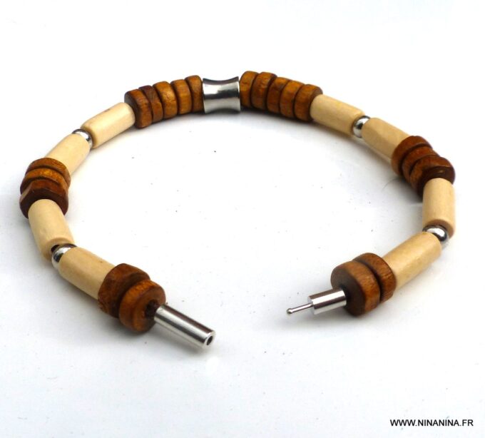 N6531d Bracelet homme ethnique perles bois et Acier inoxydable - Bijoux Bracelets en ligne Ninanina