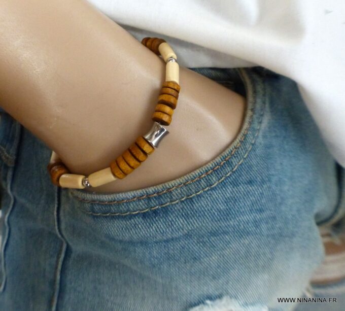 N6531e Bracelet homme ethnique perles bois et Acier inoxydable - Bijoux Bracelets en ligne Ninanina