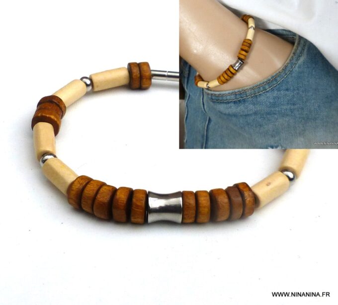 N6531g Bracelet homme ethnique perles bois et Acier inoxydable - Bijoux Bracelets en ligne Ninanina