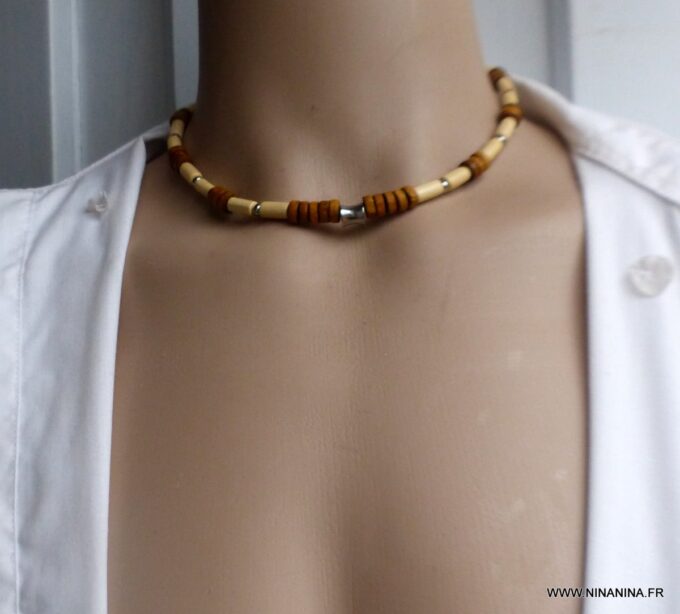 N6532a Collier homme bois perles Acier inoxydable - Bijoux Colliers en ligne Ninanina