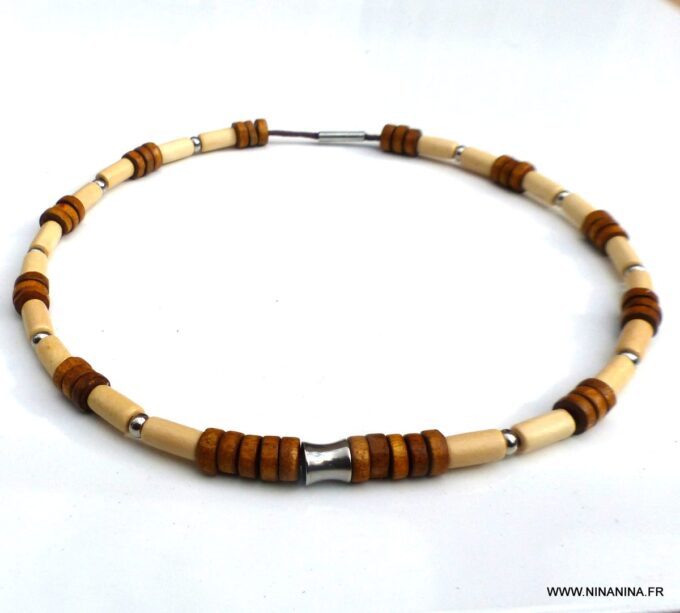 N6532b Collier homme bois perles Acier inoxydable - Bijoux Colliers en ligne Ninanina