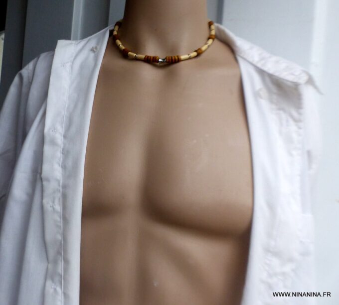 N6532c Collier homme bois perles Acier inoxydable - Bijoux Colliers en ligne Ninanina