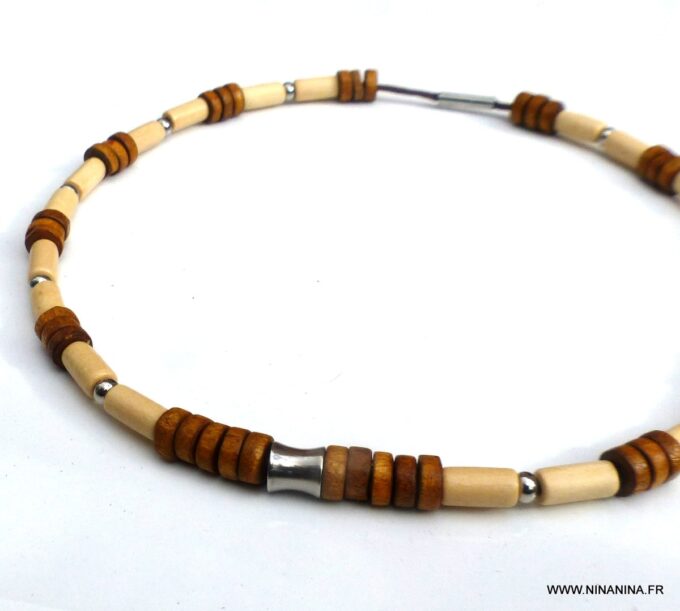 N6532d Collier homme bois perles Acier inoxydable - Bijoux Colliers en ligne Ninanina