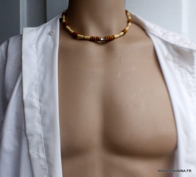 N6532e Collier homme bois perles Acier inoxydable - Bijoux Colliers en ligne Ninanina