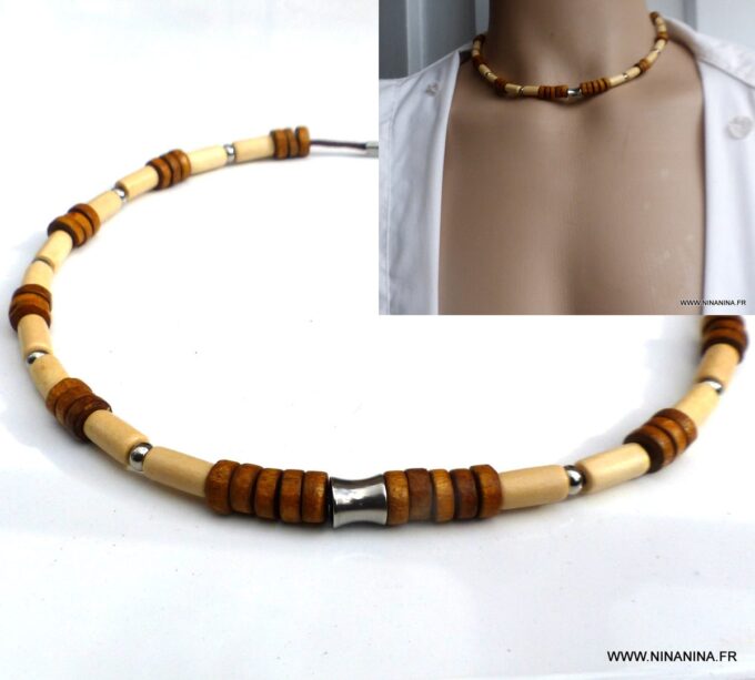 N6532f Collier homme bois perles Acier inoxydable - Bijoux Colliers en ligne Ninanina