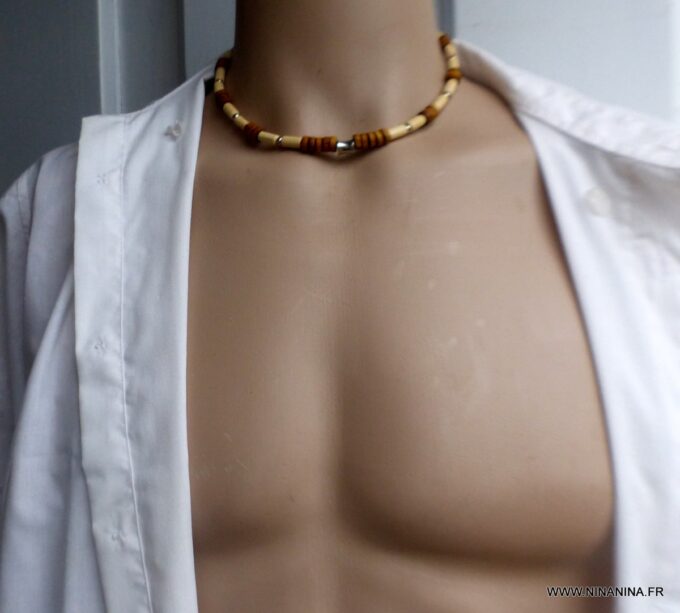 N6532g Collier homme bois perles Acier inoxydable - Bijoux Colliers en ligne Ninanina