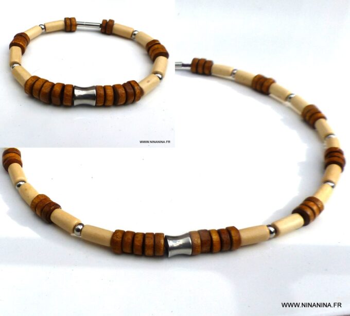 N6532h Collier homme bois perles Acier inoxydable - Bijoux Colliers en ligne Ninanina