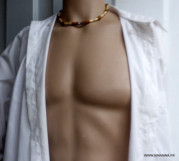 N6532i Collier homme bois perles Acier inoxydable - Bijoux Colliers en ligne Ninanina