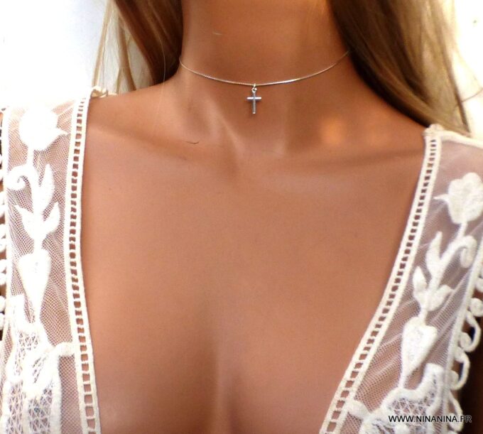 N6534j Collier croix femme argent coulissant maille serpentine - Bijoux Colliers en ligne NInanina