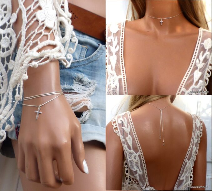 N6534v Collier croix femme argent coulissant maille serpentine - Bijoux Colliers en ligne NInanina