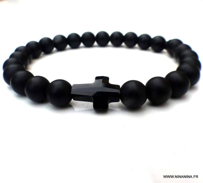 N6536 Bracelet croix Swarovski homme perles onyx noir - Bijoux Bracelets en ligne Ninanina