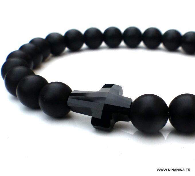 N6536b Bracelet croix Swarovski homme perles onyx noir - Bijoux Bracelets en ligne Ninanina
