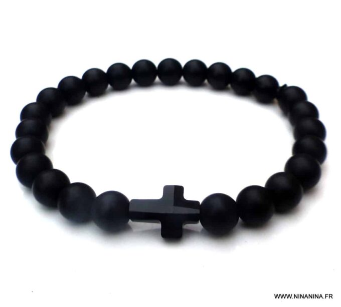 N6536d Bracelet croix Swarovski homme perles onyx noir - Bijoux Bracelets en ligne Ninanina