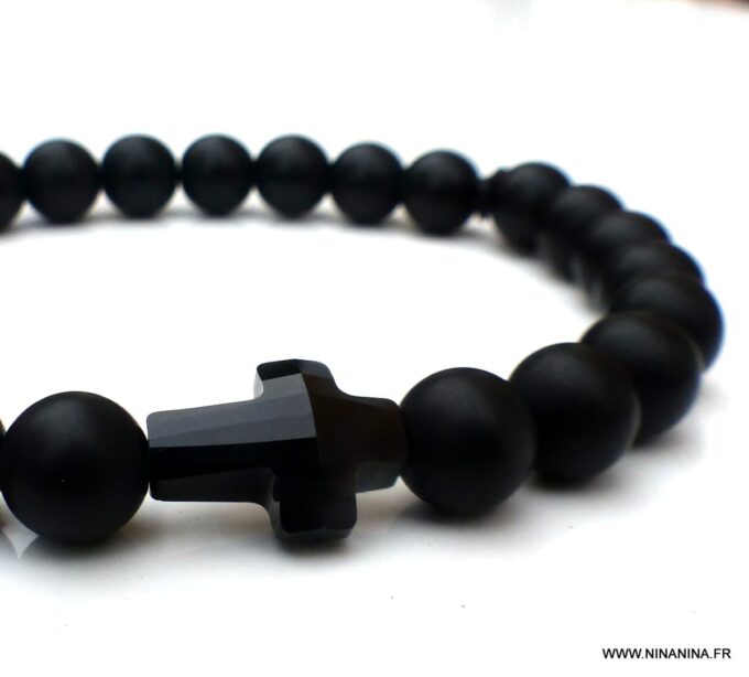 N6536e Bracelet croix Swarovski homme perles onyx noir - Bijoux Bracelets en ligne Ninanina